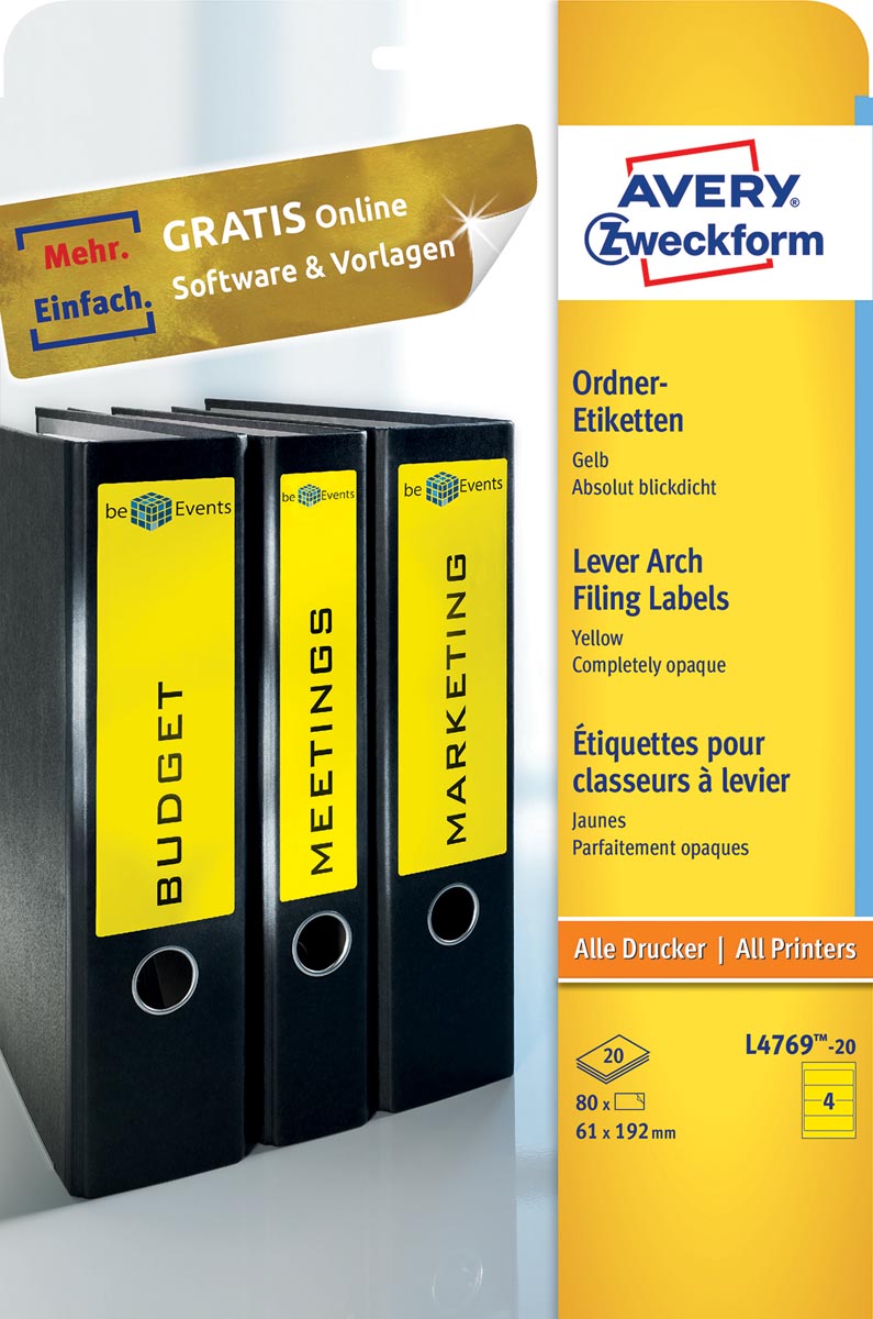 Avery Zweckform L4769-20 ordnerrugetiketten ft 19,2 x 6,1 cm (b x h), 80 etiketten, geel