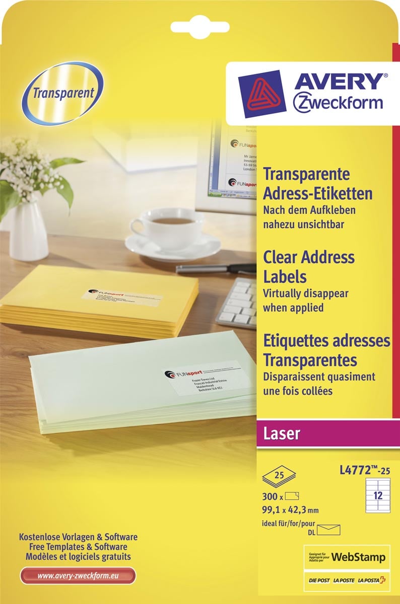 Avery transparante etiketten QuickPEEL ft 99,1 x 42,3 mm (b x h), 300 stuks, 12 per blad
