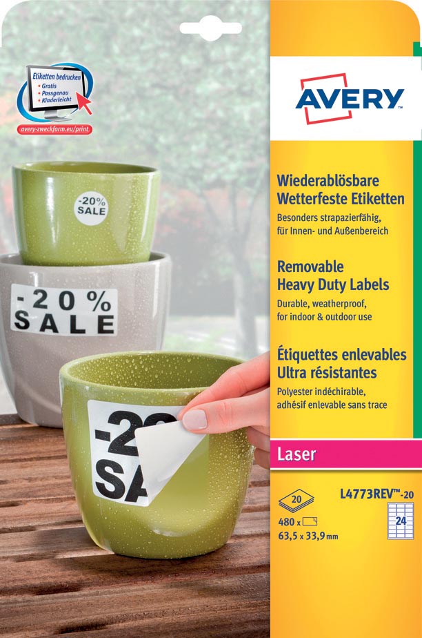 Avery afneembare weerbestendige etiketten Ft 63,5 x 33,9 mm (b x h), wit, doos van 480 etiketten afbeelding