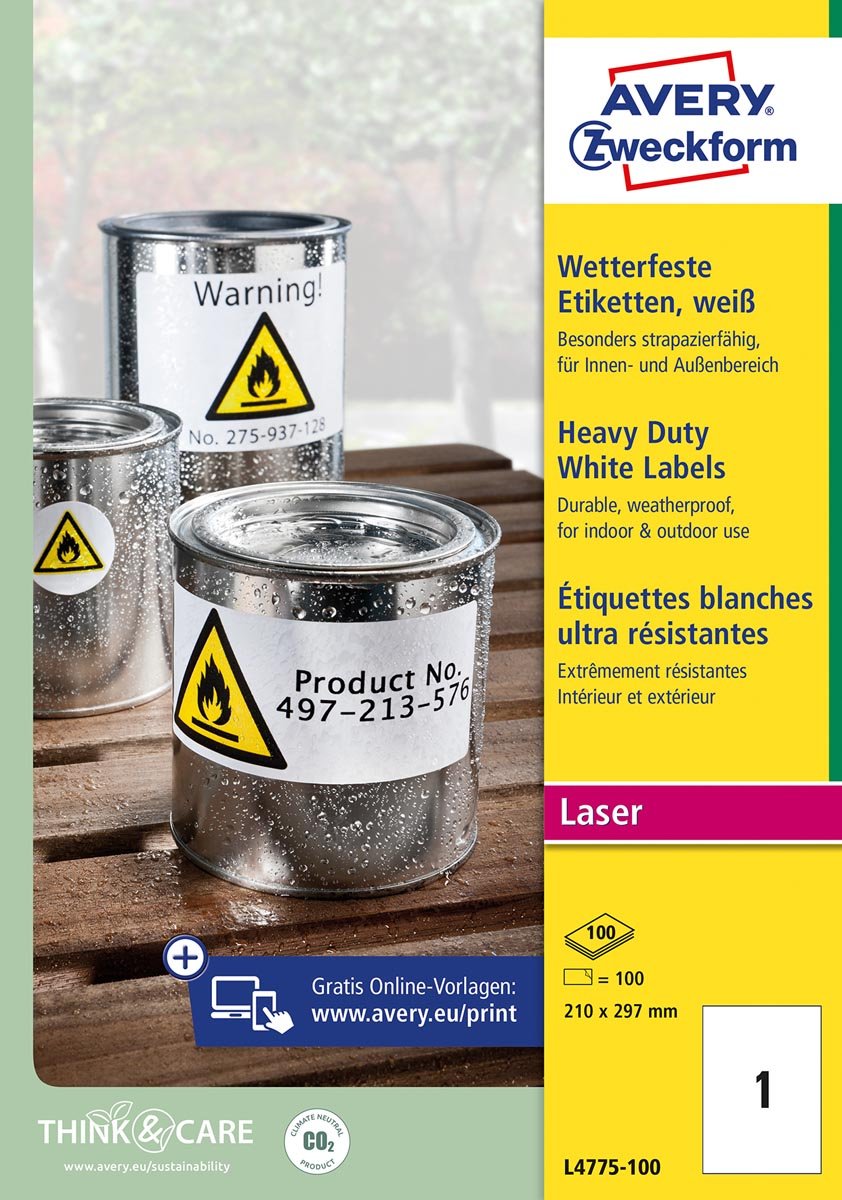 Avery weerbestendige etiketten, ft 210 x 297 mm, wit, doos van 100 etiketten
