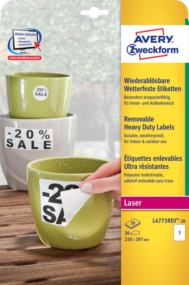 Afbeelding van Avery afneembare weerbestendige etiketten ft 210 x 297 mm (b x h), wit, doos van 20 etiketten