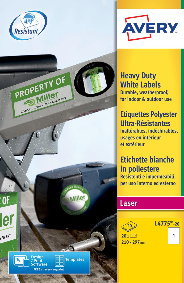 Avery L4775-20 ultra-sterke etiketten ft 210 x 297 mm (b x h), 20 etiketten, wit afbeelding