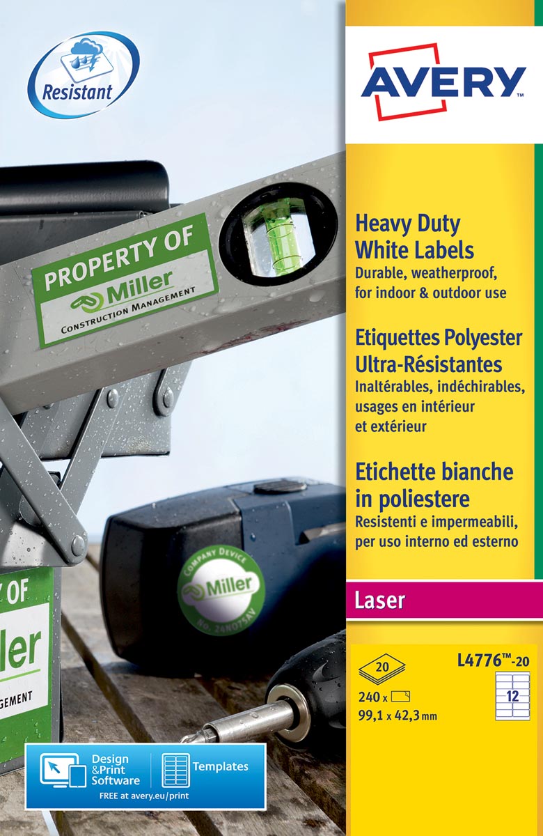 Avery L4776-20 ultra-sterke etiketten ft 99,1 x 42,3 mm (b x h), 240 etiketten, wit afbeelding