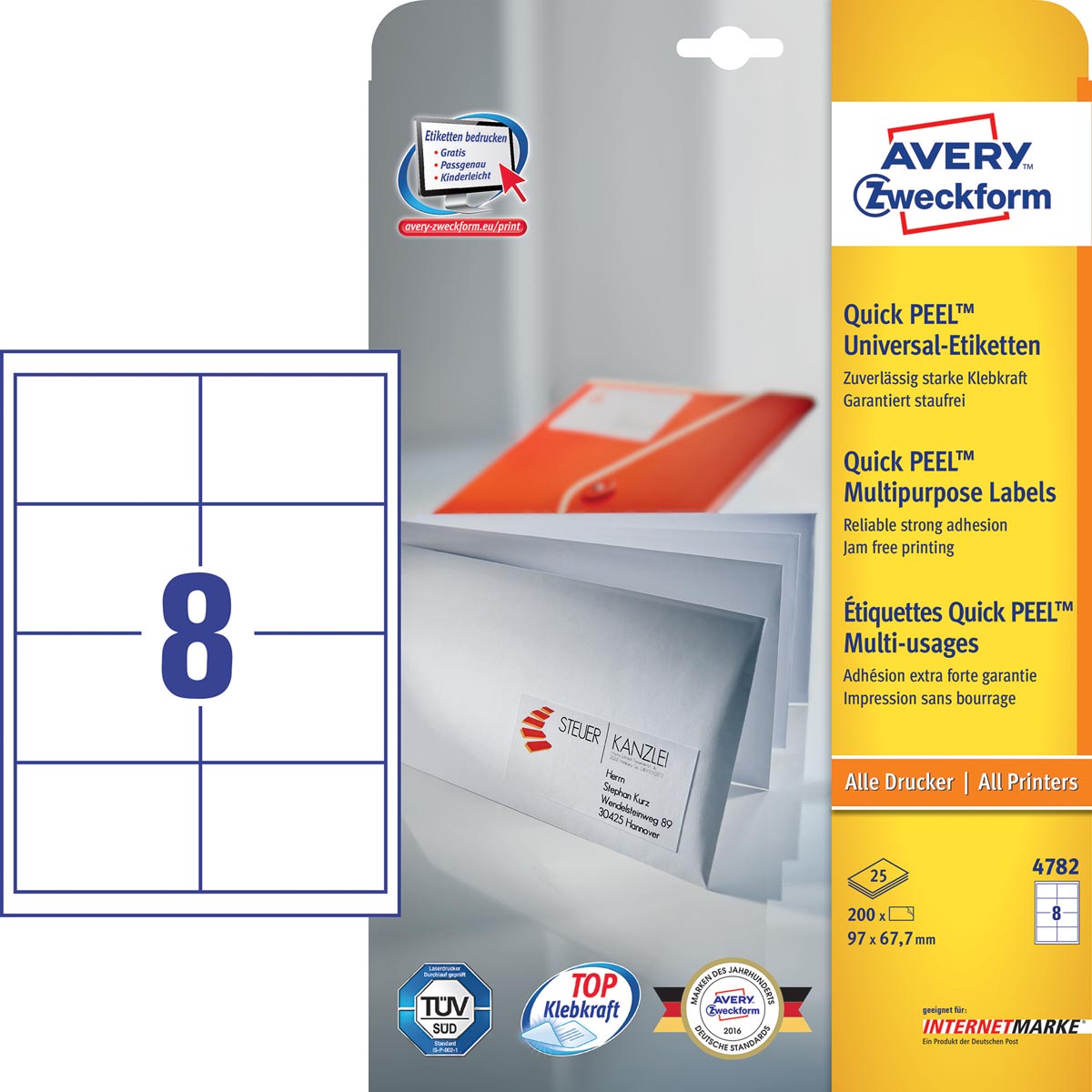 Avery Zweckform 4782, Universele etiketten, Ultragrip, wit, 25+5 vel, 8 per vel, 97 x 67,7 mm afbeelding
