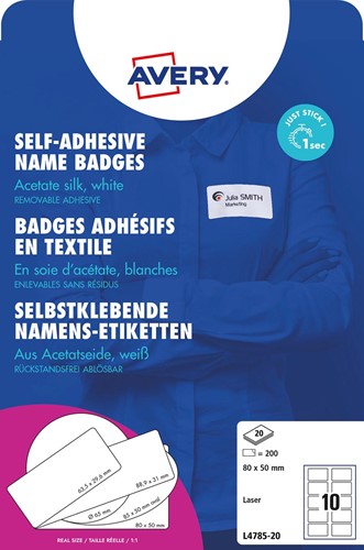 Avery L4785-20 badge adhésif, ft 80 x 50 mm, boîte de 200 pièces, blanc