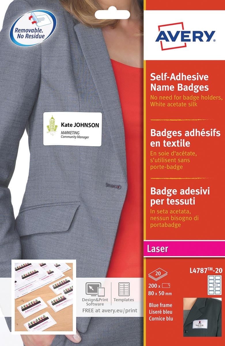 Avery L4787-20 zelfklevende badge ft 80 x 50 mm, doos van 200 stuks, wit/blauw Avery L4787-20 zelfklevende badge ft 80 x 50 mm, doos van 200 stuks, wit/blauw