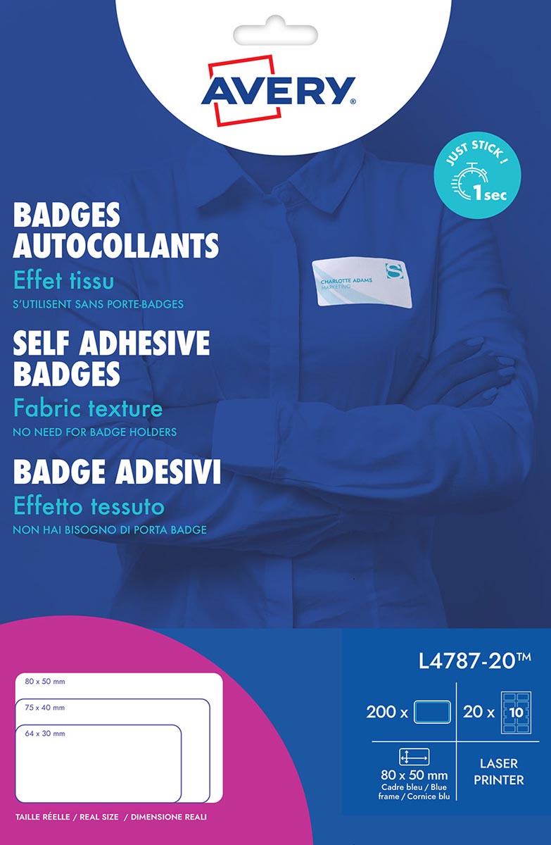 Avery L4787-20 zelfklevende badge ft 80 x 50 mm, doos van 200 stuks, wit/blauw afbeelding