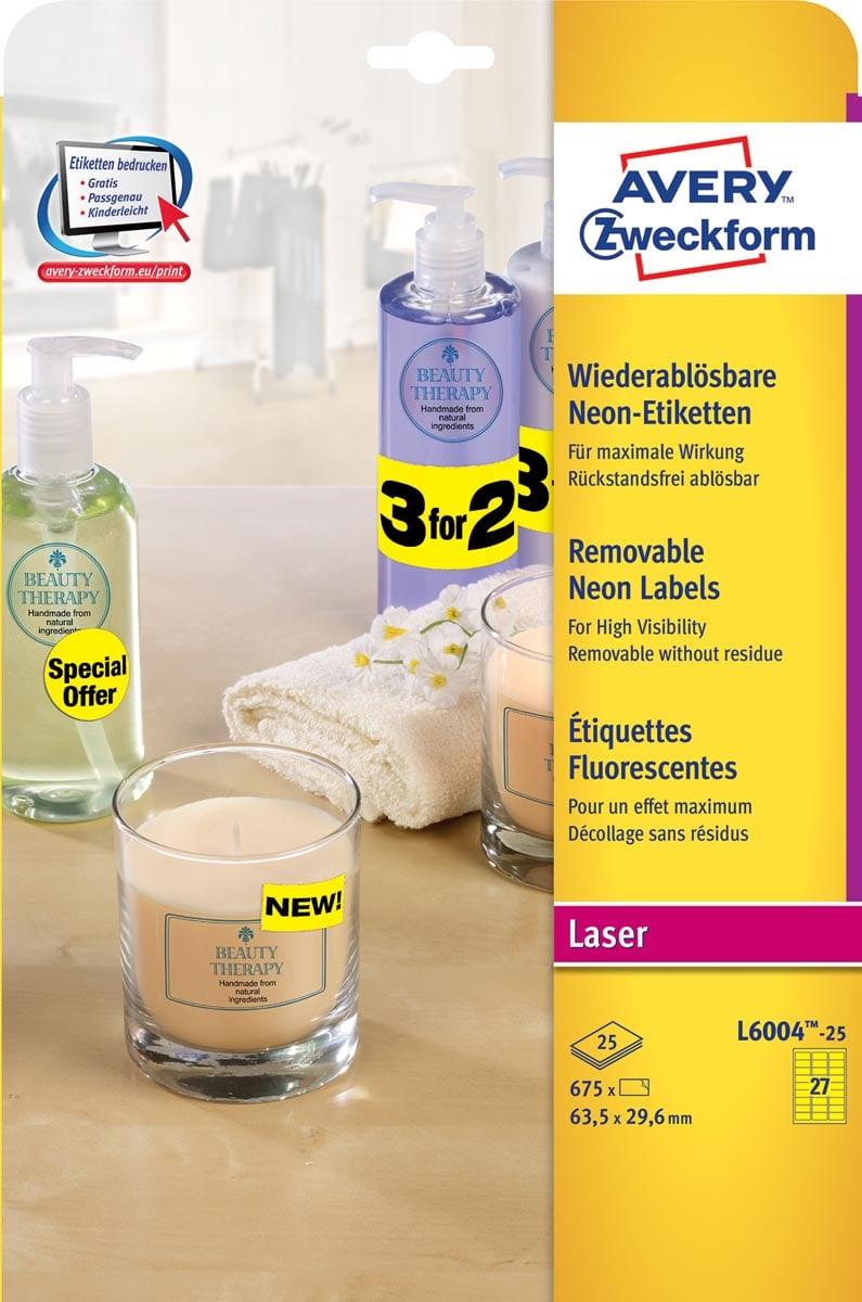 Avery afneembare neon etiketten ft 63,5 x 29,6 mm (b x h), doos van 675 stuks (25 vel van 27), neongeel afbeelding