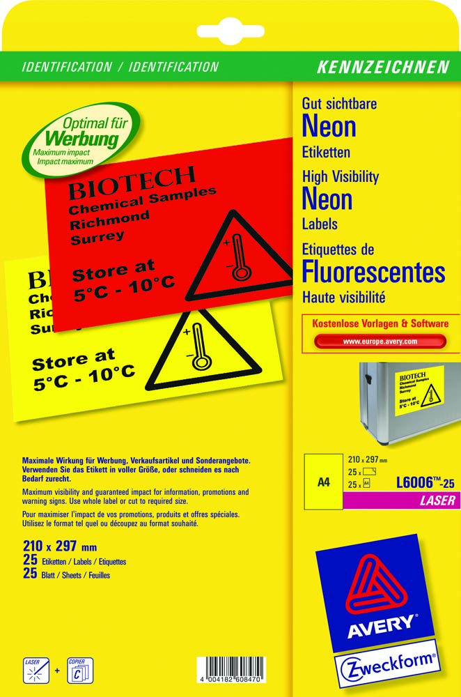 Avery afneembare neon etiketten ft 210 x 297 mm (b x h), doos van 25 blad, 25 stuks, neongeel