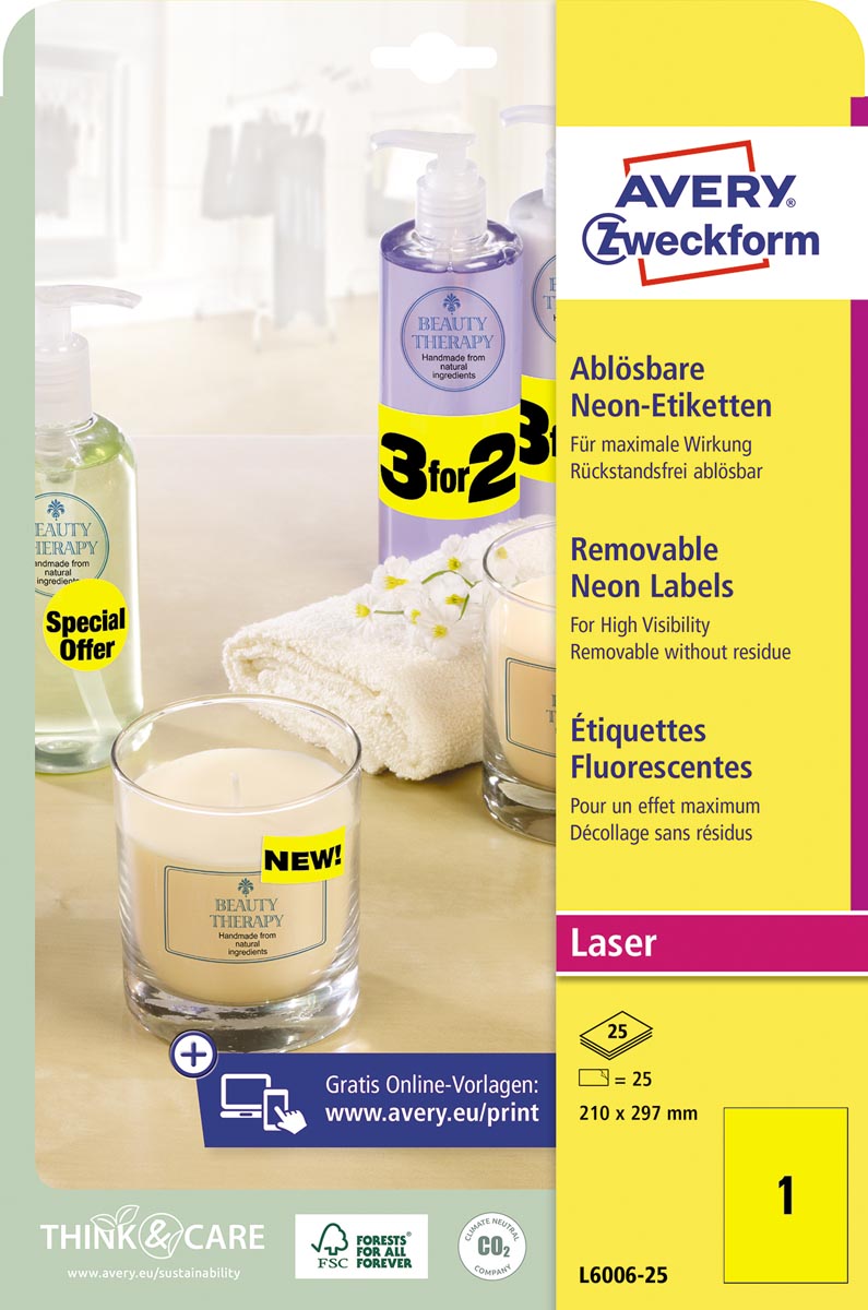 Avery afneembare neon etiketten ft 210 x 297 mm (b x h), doos van 25 blad, 25 stuks, neongeel Avery afneembare neon etiketten ft 210 x 297 mm (b x h), doos van 25 blad, 25 stuks, neongeel