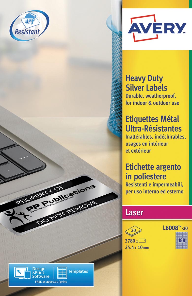 Avery ultra-sterke zilverkleurige etiketten ft 24,5 x 10 mm (b x h), 3.780 stuks, 189 per blad afbeelding