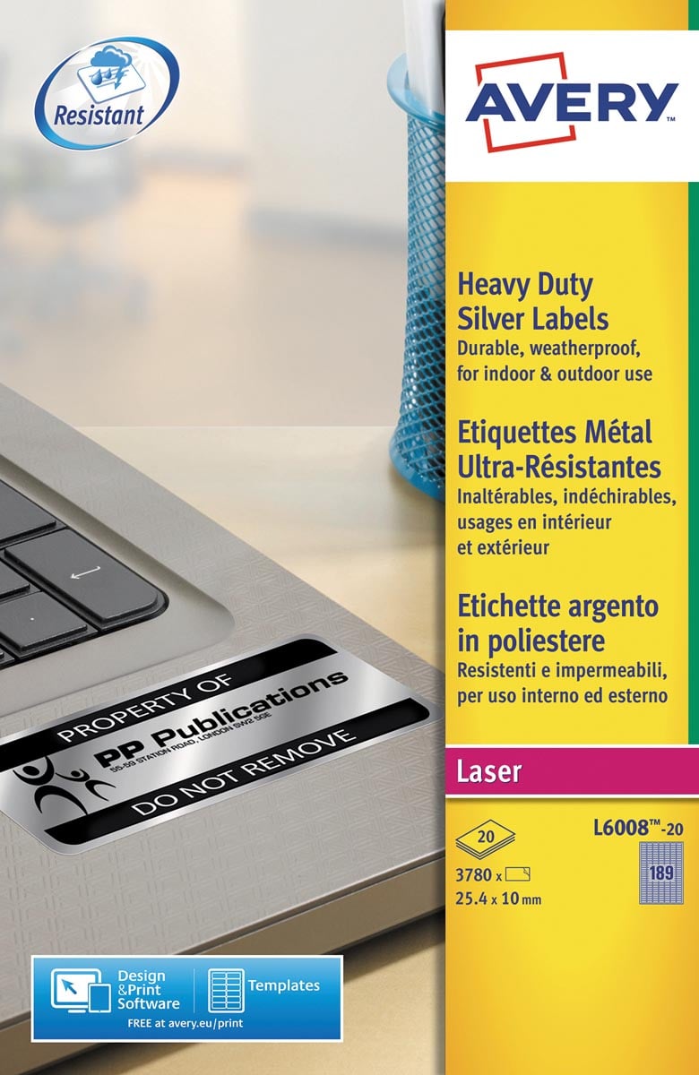 Avery ultra-sterke zilverkleurige etiketten ft 24,5 x 10 mm (b x h), 3.780 stuks, 189 per blad
