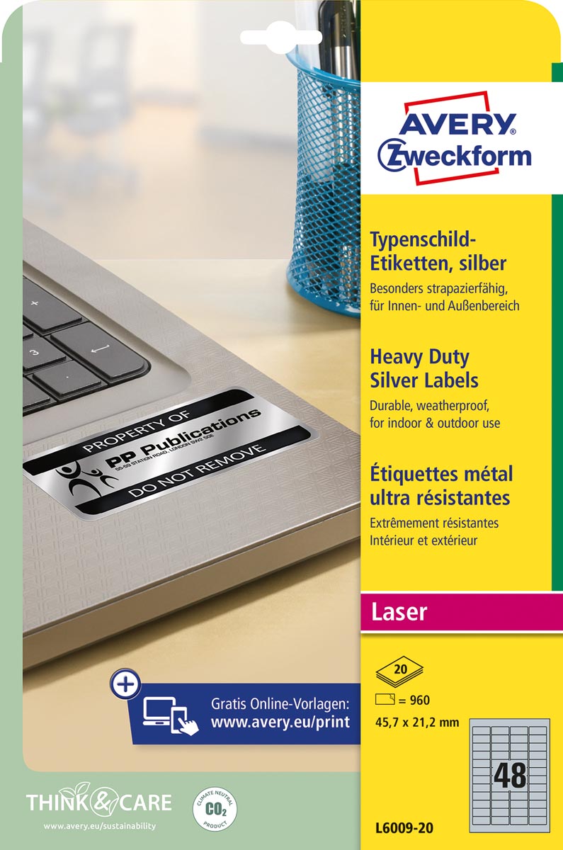 Avery ultra-sterke zilverkleurige etiketten ft 45,7 x 21,2 mm (b x h), 960 stuks, 48 per blad afbeelding
