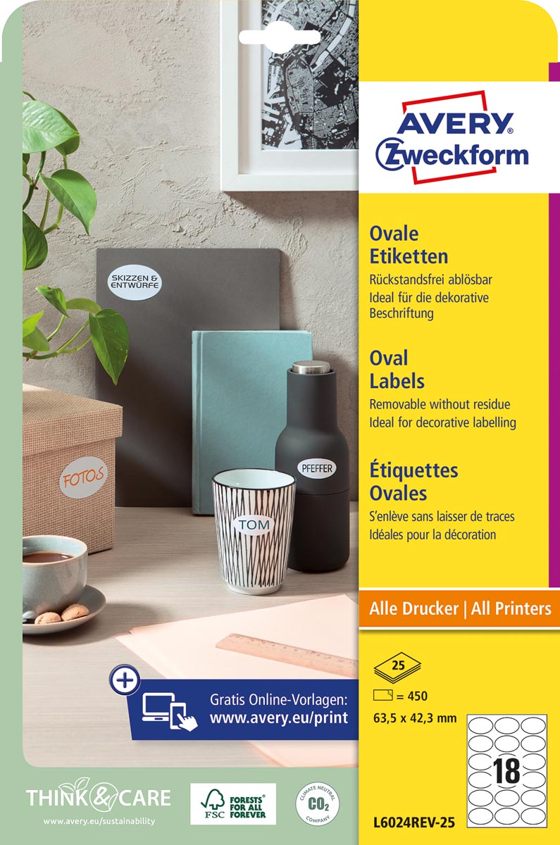 Avery afneembare etiketten ft 63,5 x 42,3 mm (b x h), ovaal, 450 stuks, 18 per blad, doos van 25 bla Avery afneembare etiketten ft 63,5 x 42,3 mm (b x h), ovaal, 450 stuks, 18 per blad, doos van 25 bla