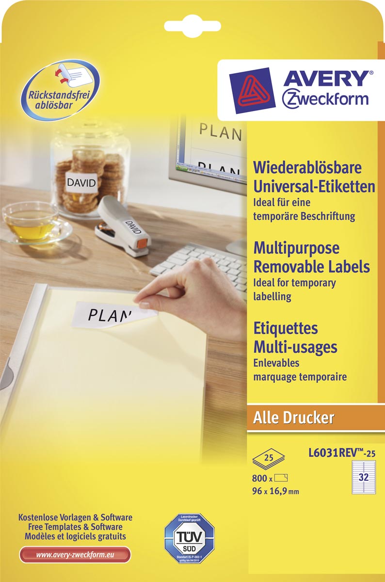 Avery afneembare witte etiketten Stick & Lift
