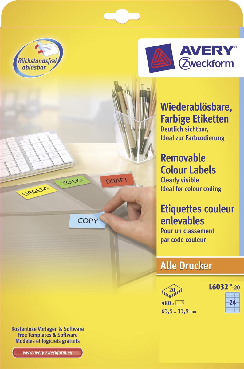 Avery afneembare gekleurde etiketten ft 63,5 x 33,9 mm (b x h), 480 stuks, 24 per blad, blauw