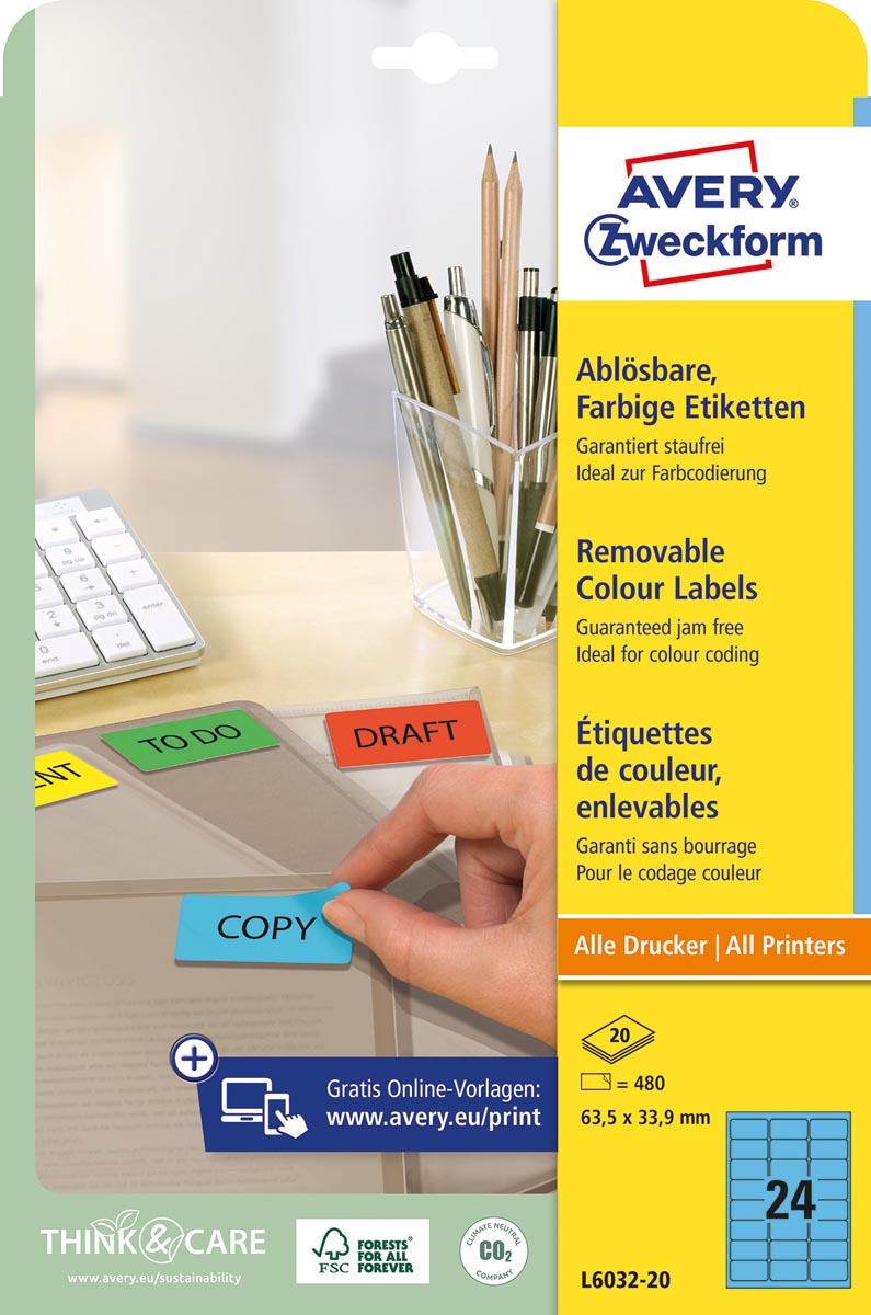 Avery afneembare gekleurde etiketten ft 63,5 x 33,9 mm (b x h), 480 stuks, 24 per blad, blauw afbeelding