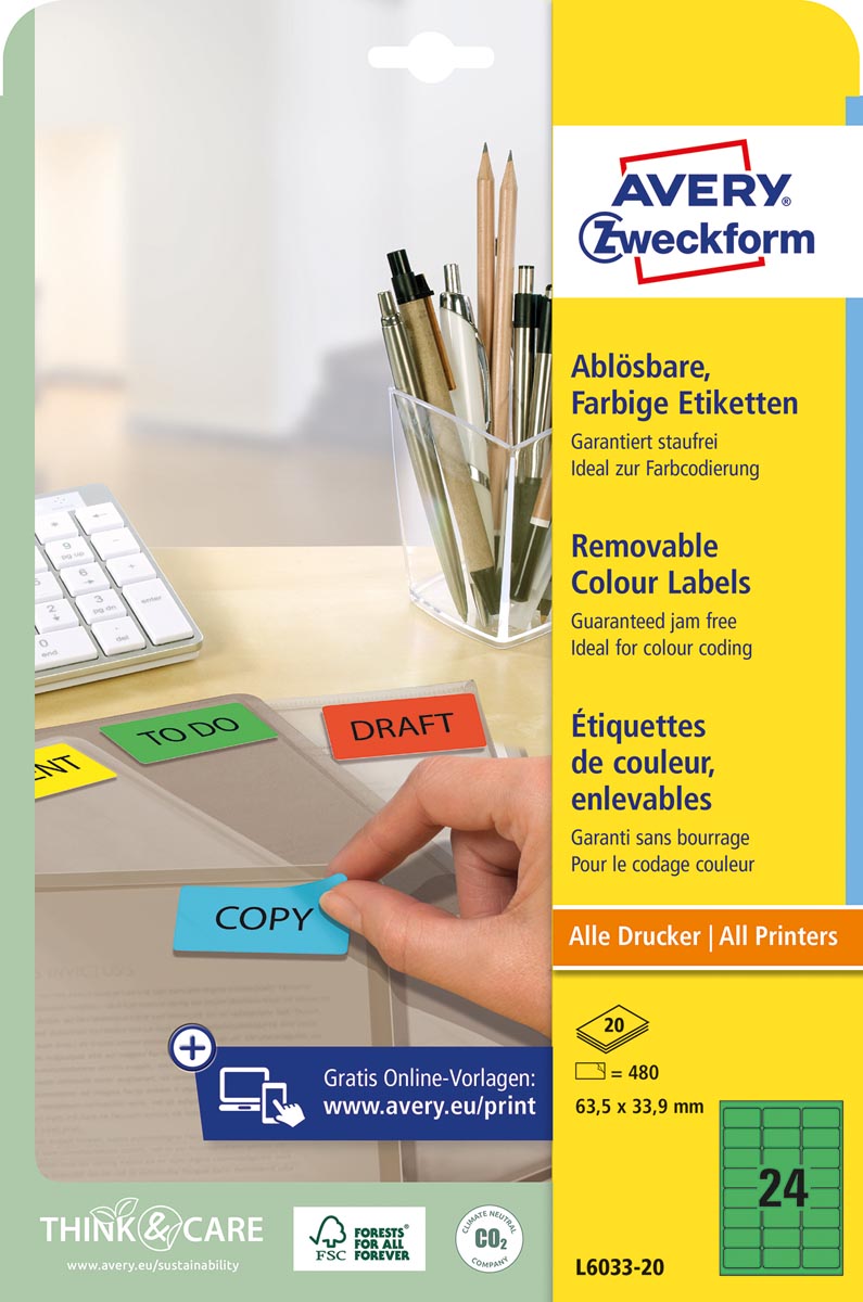 Avery afneembare gekleurde etiketten ft 63,5 x 33,9 mm (b x h), 480 stuks, 24 per blad, groen afbeelding