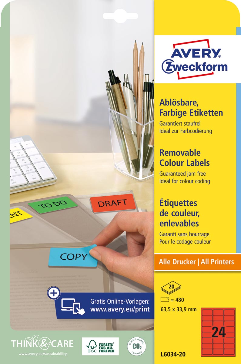 Avery afneembare gekleurde etiketten ft 63,5 x 33,9 mm (b x h), 480 stuks, 24 per blad, rood afbeelding