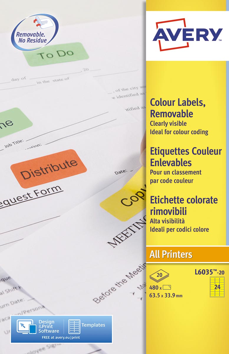 Avery afneembare gekleurde etiketten ft 63,5 x 33,9 mm (b x h), 480 stuks, 24 per blad, geel afbeelding