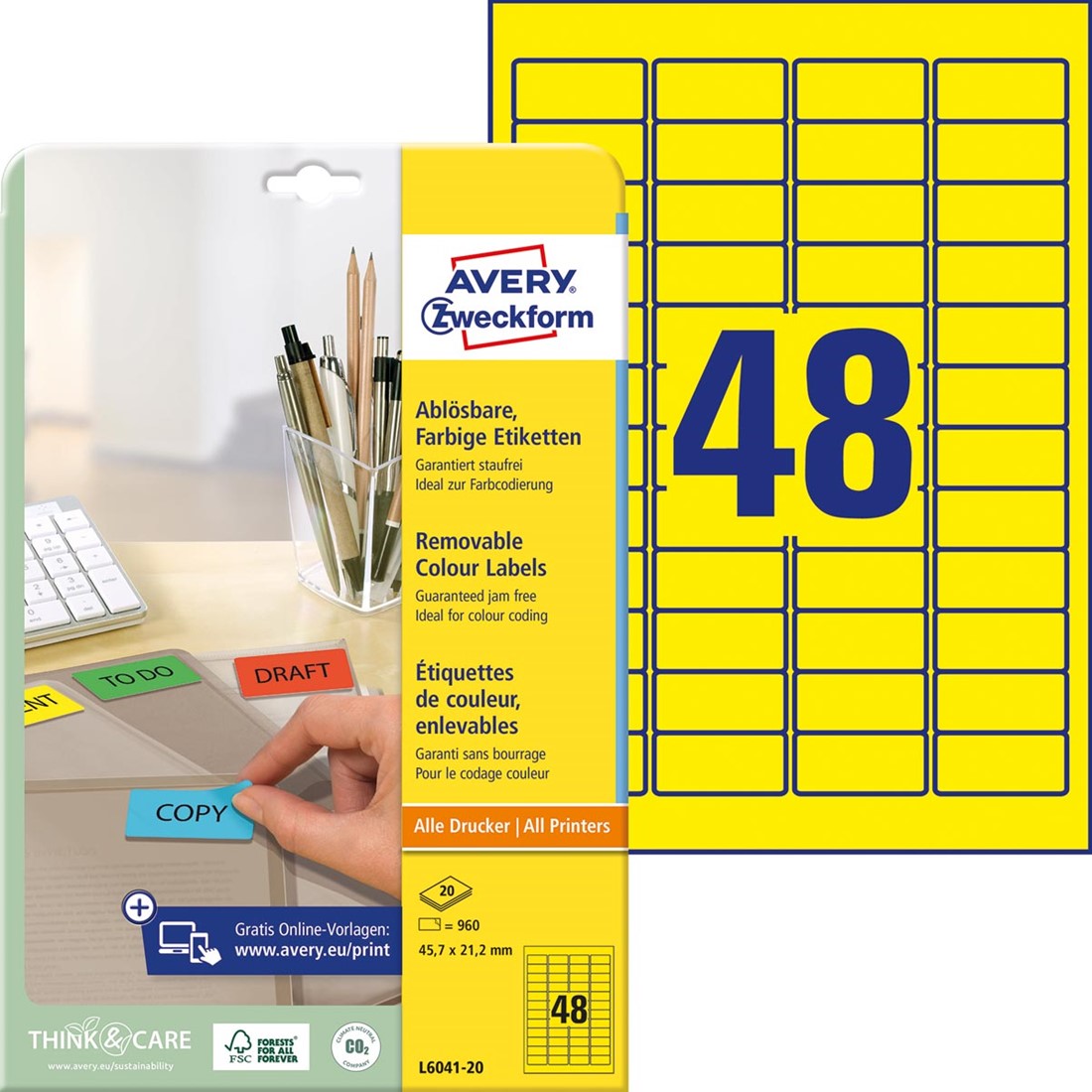 Étiquettes Avery L600425 - Jaune Fluorescent, 63.5x29.6mm, 27 Par Page - Pour Laser/Photocopieuse