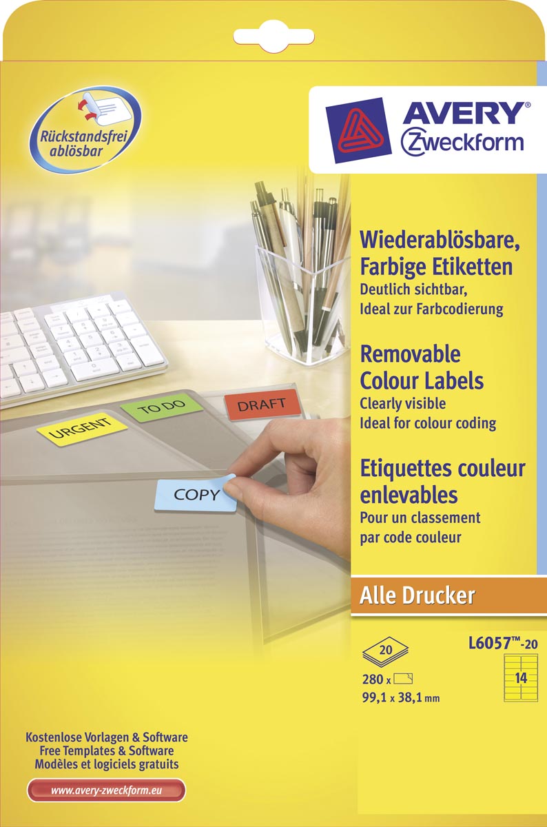 Avery afneembare gekleurde etiketten ft 99,1 x 38,1 mm (b x h), 280 stuks, 14 per blad, geel