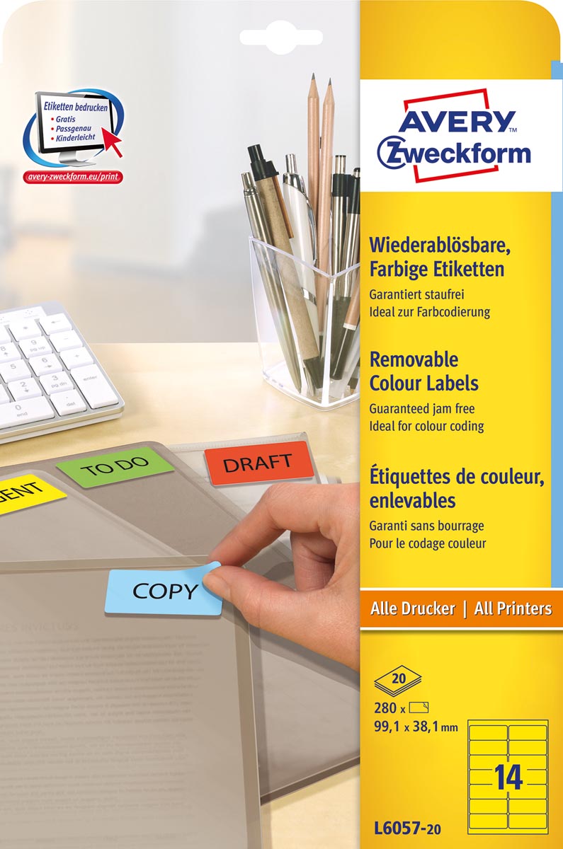 Avery afneembare gekleurde etiketten ft 99,1 x 38,1 mm (b x h), 280 stuks, 14 per blad, geel afbeelding