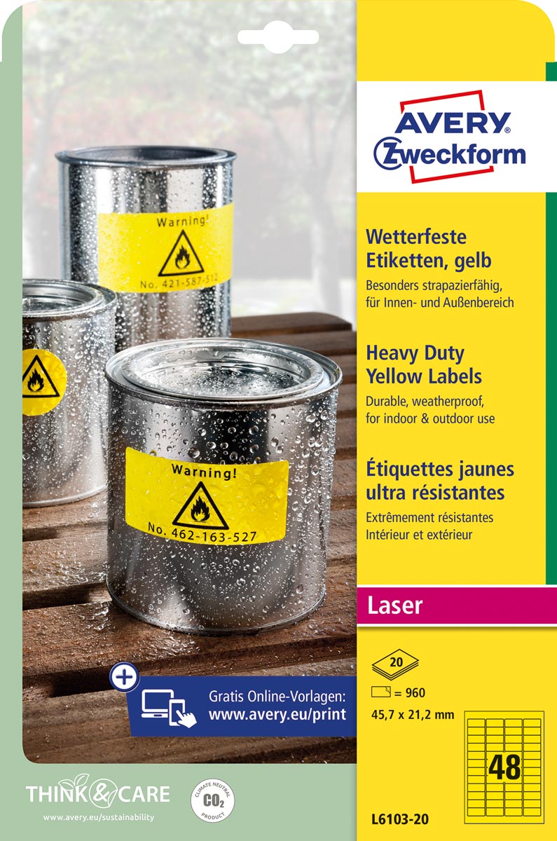 Avery Etiketten Heavy Duty ft 45,7 x 21,2 mm geel Avery Etiketten Heavy Duty ft 45,7 x 21,2 mm geel