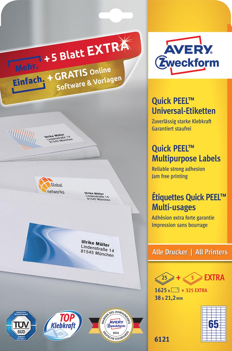 Avery Zweckform 6121, Universele etiketten, Ultragrip, wit, 25+5 vel, 65 per vel, 38 x 212 mm