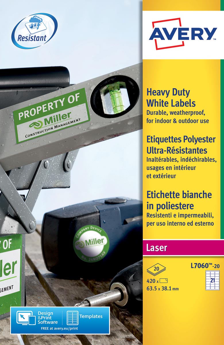 Avery ultra-sterke witte etiketten ft 63,5 x 38,1 mm (b x h), 420 stuks, 21 per blad Avery ultra-sterke witte etiketten ft 63,5 x 38,1 mm (b x h), 420 stuks, 21 per blad