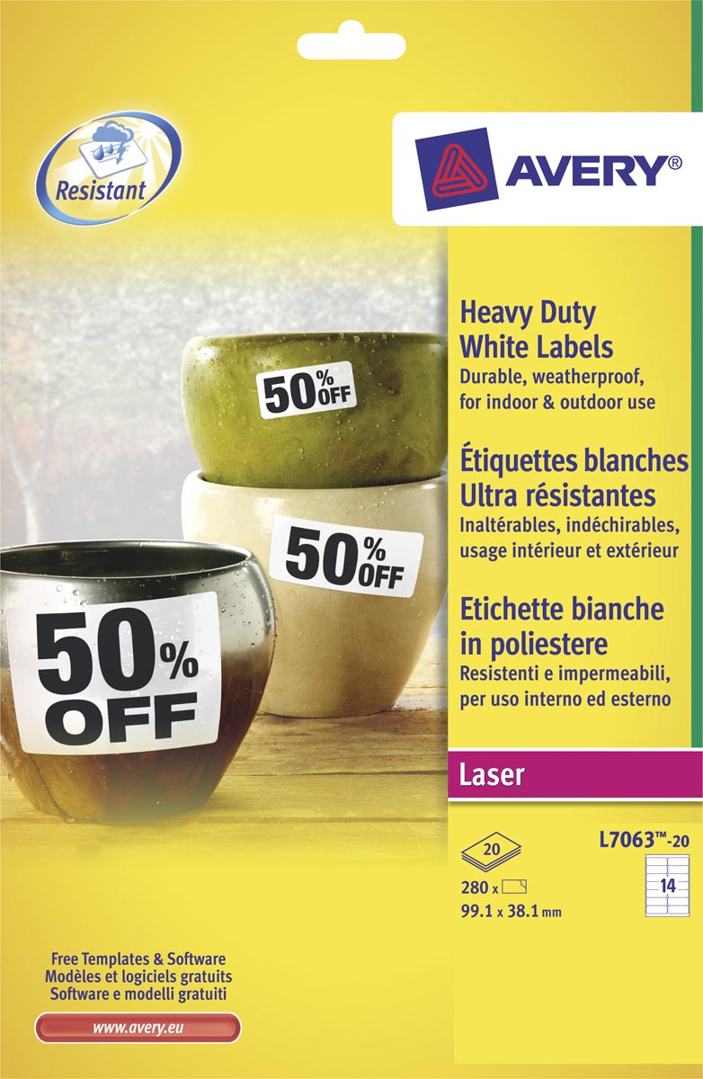 Avery ultra-sterke witte etiketten ft 99,1 x 38,1 mm (b x h), 280 stuks, 14 per blad