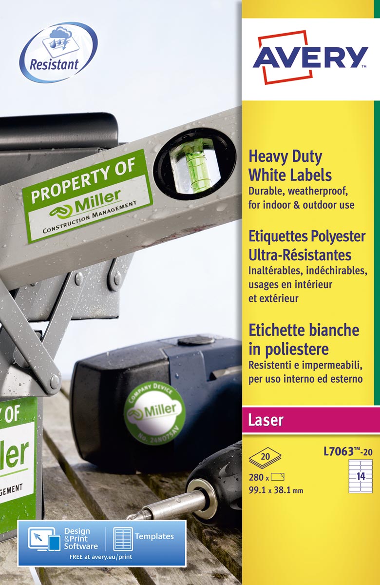 Avery ultra-sterke witte etiketten ft 99,1 x 38,1 mm (b x h), 280 stuks, 14 per blad afbeelding