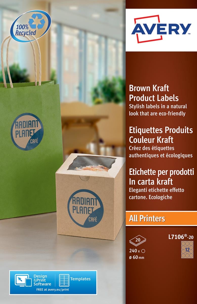 Avery L7106-20 productetiketten, diameter 60 mm, 240 etiketten, kraft