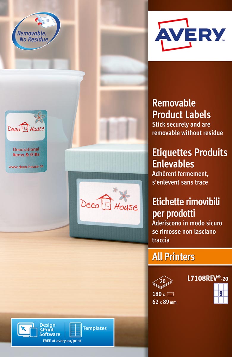 Avery Afneembare productetiketten ft 62 x 89 mm (b x h), 180 stuks, 9 per blad, doos van 20 blad afbeelding