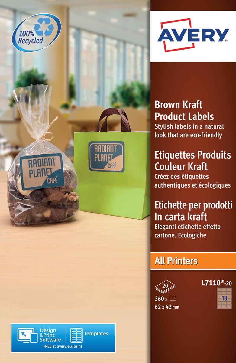 Avery L7110-20 productetiketten ft 62 x 42 mm (b x h), 360 etiketten, kraft afbeelding
