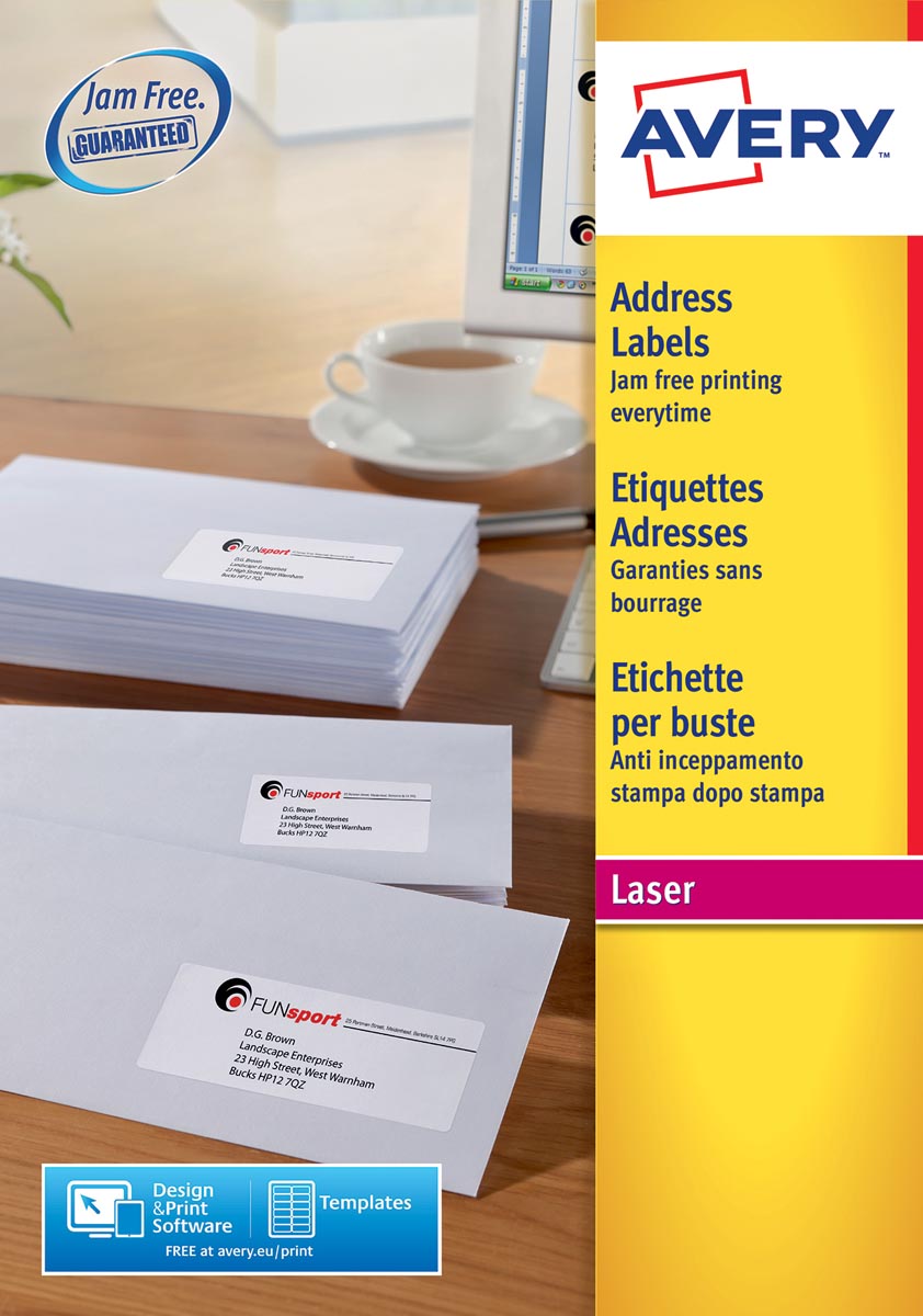 Avery L7159, Adresetiketten, Laser, Ultragrip, wit, 40 vellen, 24 per vel, 63,5 x 33,9 mm afbeelding