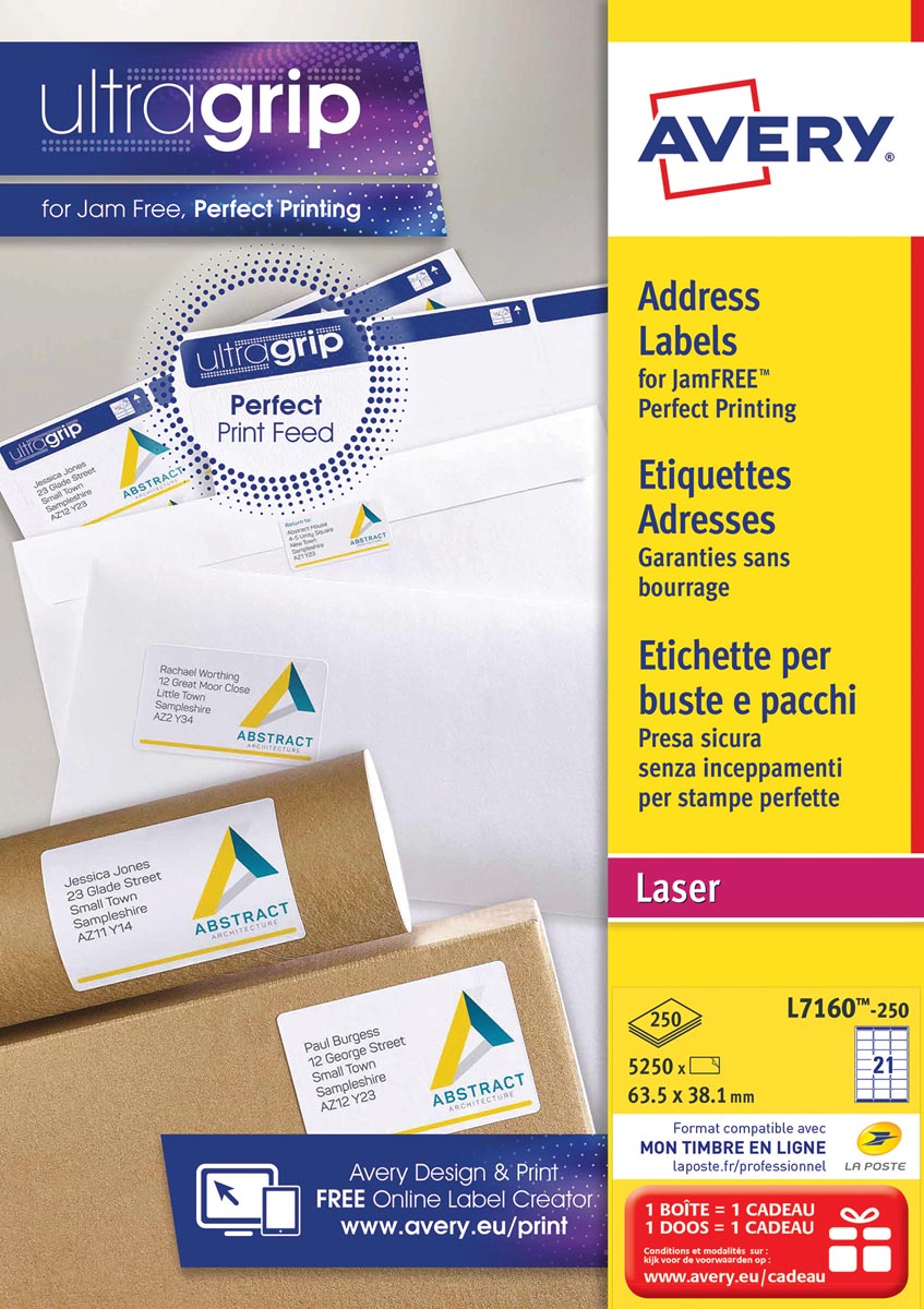 Avery L7160, Adresetiketten, Laser, Ultragrip, wit, 250 vellen, 21 per vel, 63,5 x 38,1 mm Avery L7160, Adresetiketten, Laser, Ultragrip, wit, 250 vellen, 21 per vel, 63,5 x 38,1 mm