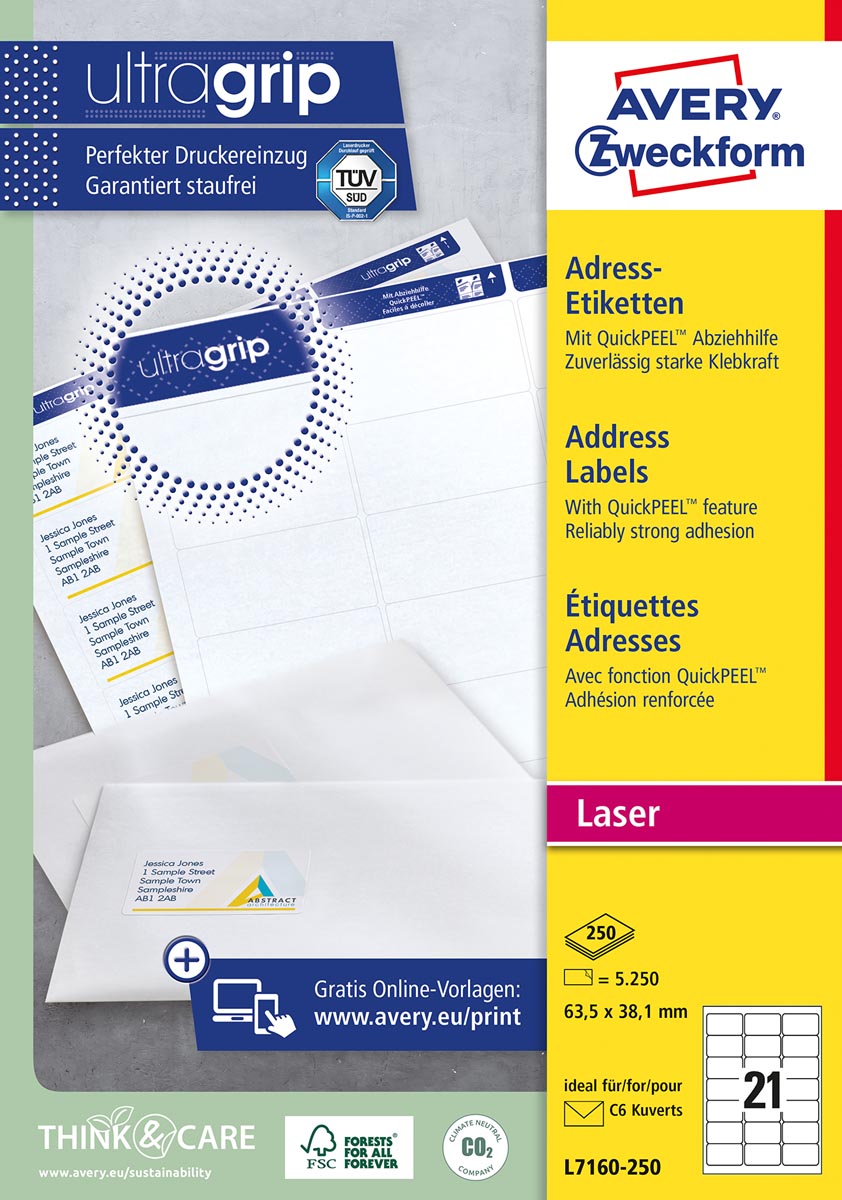 Avery L7160, Adresetiketten, Laser, Ultragrip, wit, 250 vellen, 21 per vel, 63,5 x 38,1 mm afbeelding