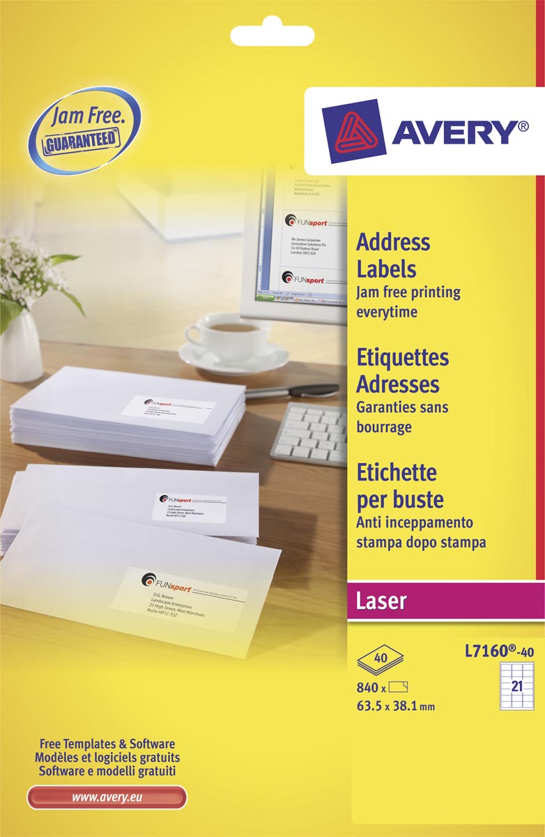 Avery L7160, Adresetiketten, Laser, Ultragrip, wit, 40 vellen, 21 per vel, 63,5 x 38,1 mm