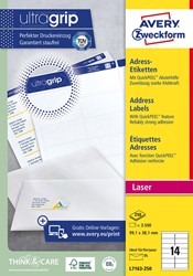 Avery L7163, Etiquettes adresses, Laser, Ultragrip, blanches, 250 pages, 14 per page, 99,1 x 38,1 mm