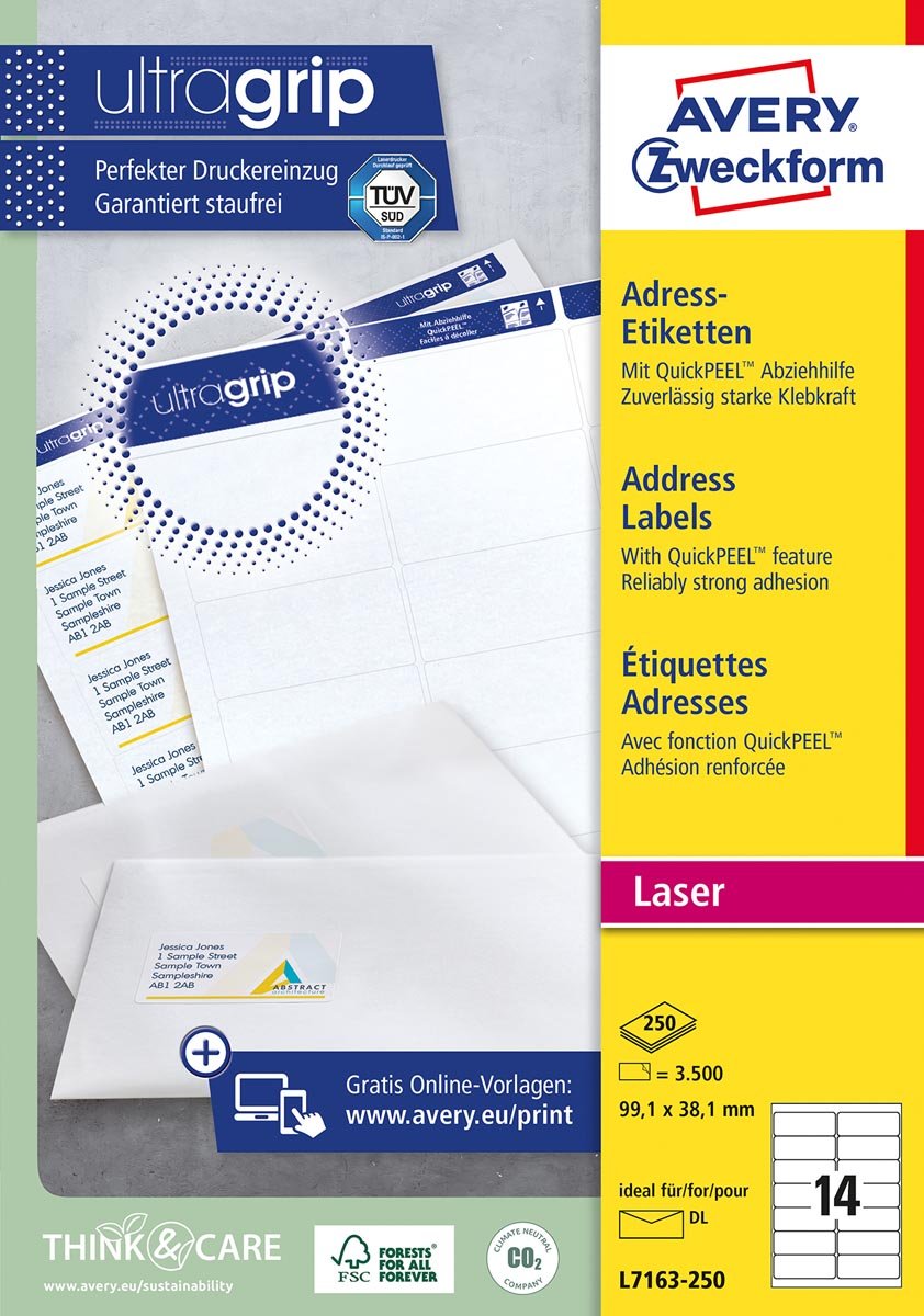 Avery L7163, Adresetiketten, Laser, Ultragrip, wit, 250 vellen, 14 per vel, 99,1 x 38,1 mm