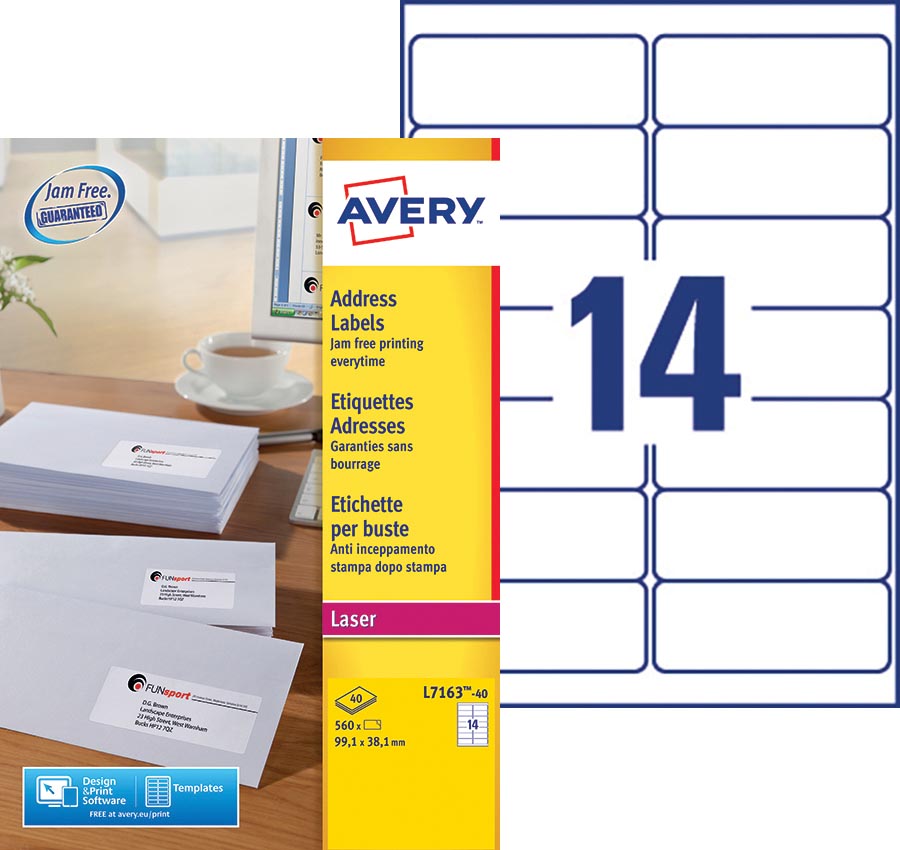 Avery L7163, Adresetiketten, Laser, Ultragrip, wit, 40 vellen, 14 per vel, 99,1 x 38,1 mm afbeelding