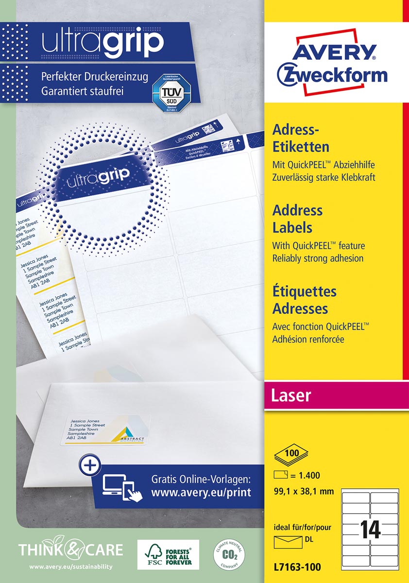 Avery L7163, Adresetiketten, Laser, Ultragrip, wit, 100 vellen, 14 per vel, 99,1 x 38,1 mm afbeelding