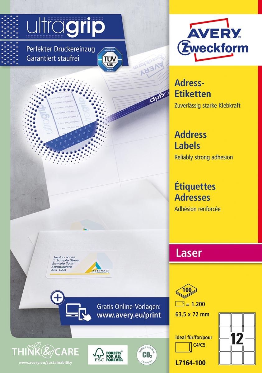 Avery witte laseretiketten ft 63,5 x 72 mm, 1200 stuks, 12 per vel afbeelding