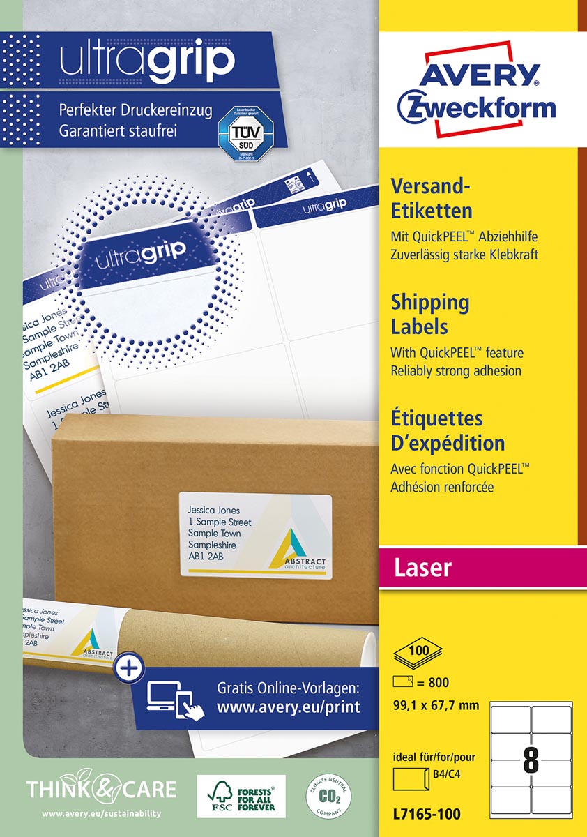 Avery L7165, Verzendetiketten, Laser, Ultragrip, wit, 100 vellen, 8 per vel, 99,1 x 67,7 mm afbeelding