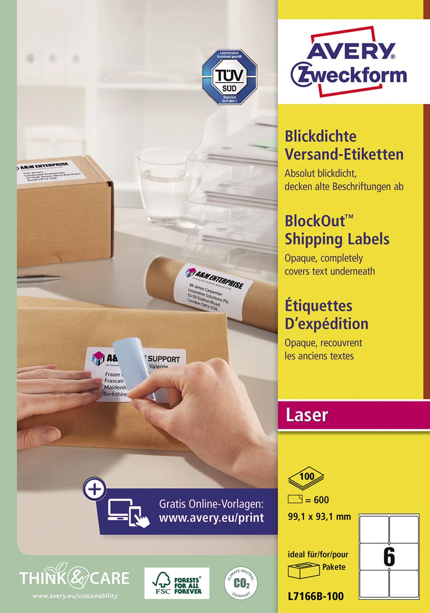 Avery L7166B-100 BlockOut zelfklevende etiketten QuickPeel, ft 99,1 x 93,1 mm (b x h), 600 etiketten Avery L7166B-100 BlockOut zelfklevende etiketten QuickPeel, ft 99,1 x 93,1 mm (b x h), 600 etiketten