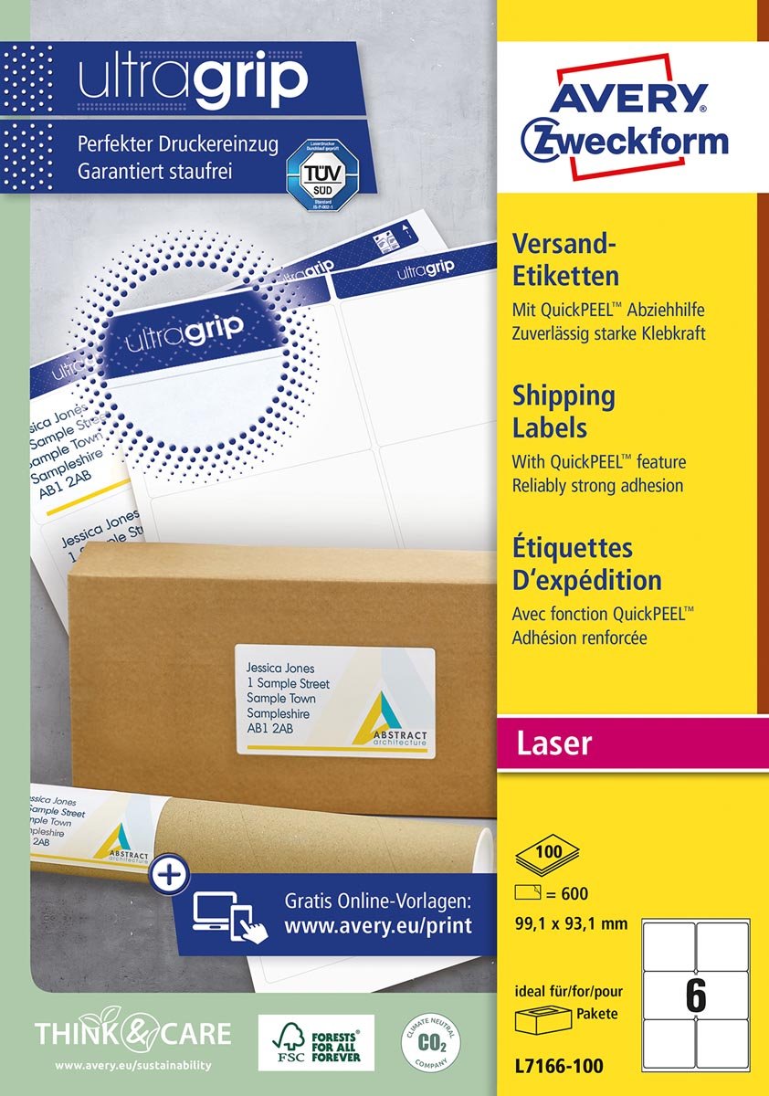 Avery L7166, Verzendetiketten, Laser, Ultragrip, wit, 100 vellen, 6 per vel, 99,1 x 93,1 mm afbeelding