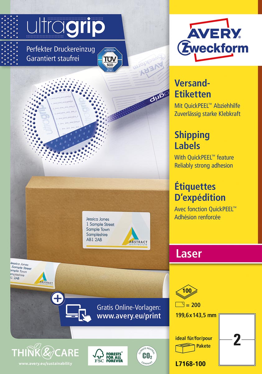 Avery L7168, Verzendetiketten, Laser, Ultragrip, wit, 100 vellen, 2 per vel, 199,6 x 143,5 mm afbeelding
