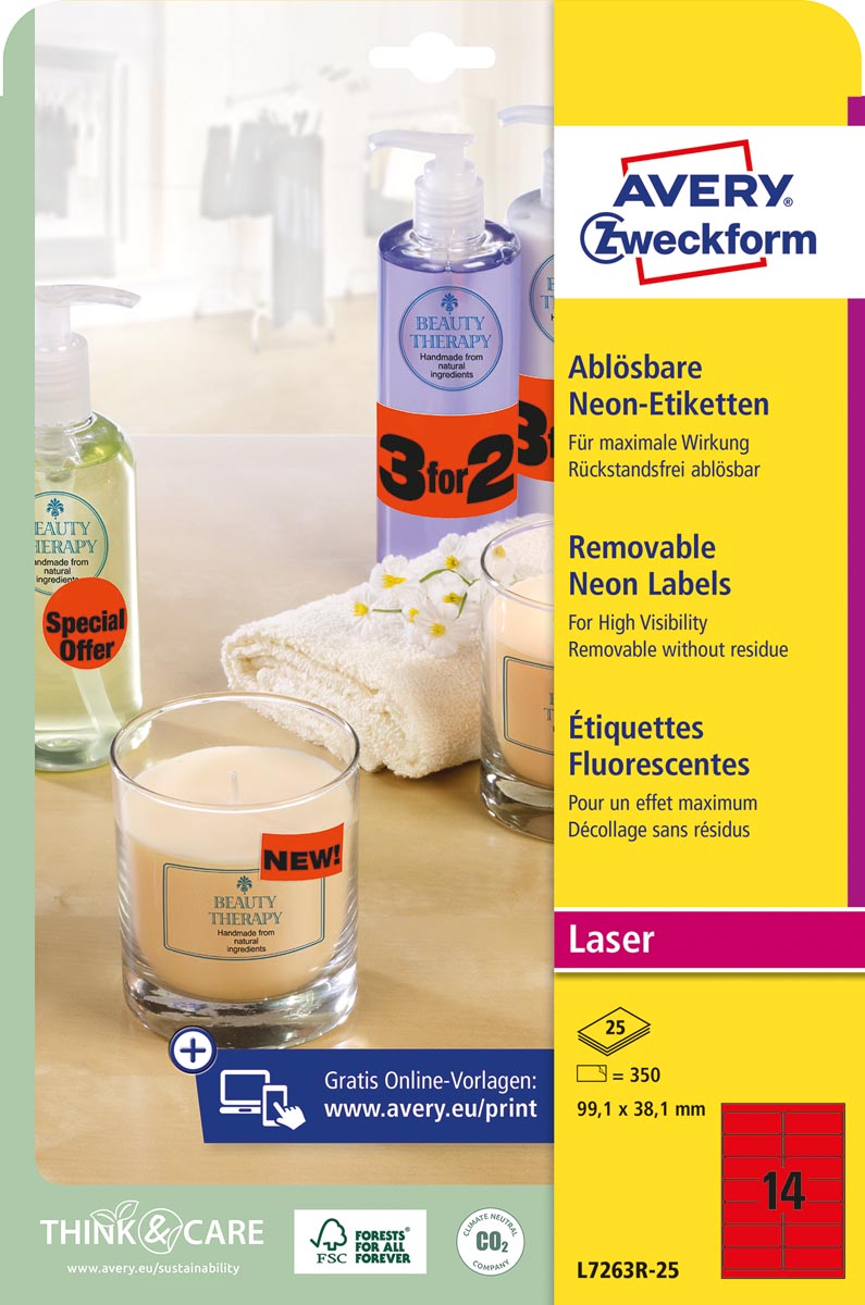 Avery afneembare neon etiketten ft 99,1 x 38,1 mm (b x h), doos van 25 blad, 350 stuks, neonrood Avery afneembare neon etiketten ft 99,1 x 38,1 mm (b x h), doos van 25 blad, 350 stuks, neonrood