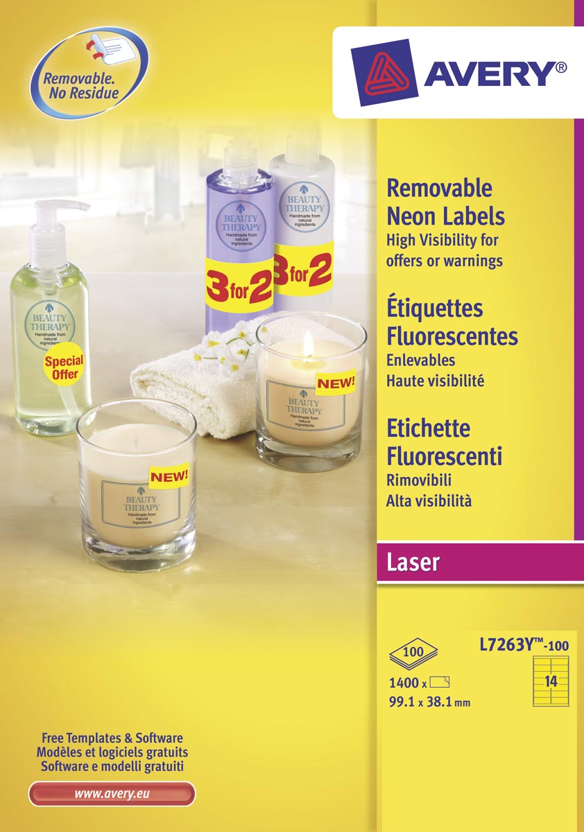 Avery afneembare neon etiketten ft 99,1 x 38,1 mm (b x h), doos van 100 blad, 1400 stuks, neongeel